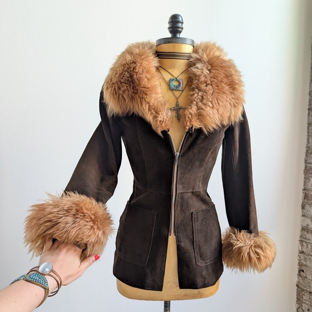 Vintage Brown Suede Penny Lane Jacket Groovy Furry 70s Leather Western Coat Smal - Picture 6 of 11